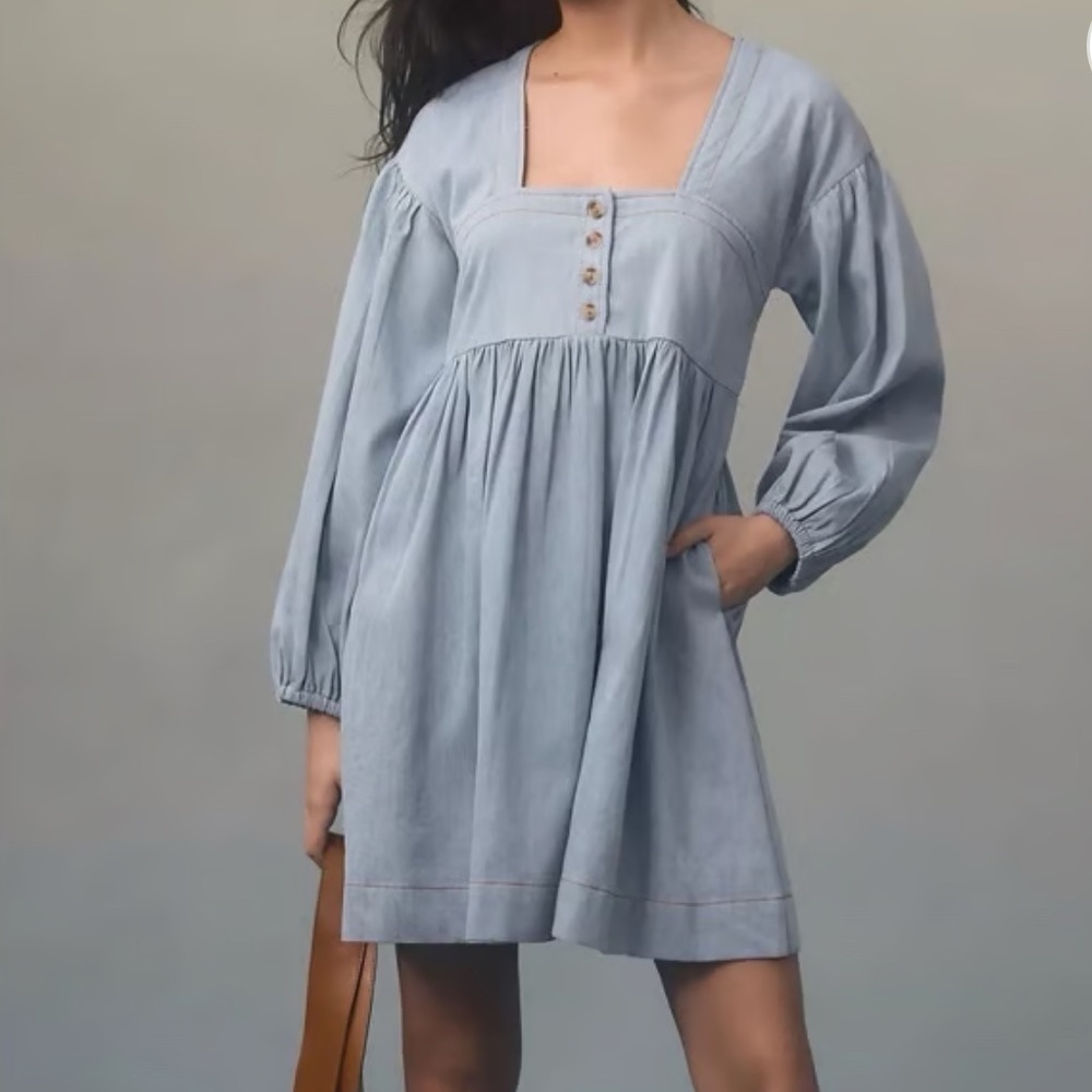 Anthropologie Mini Dress Women’s XS Denim Chambray Babydoll Blue Long Sleeve B10
